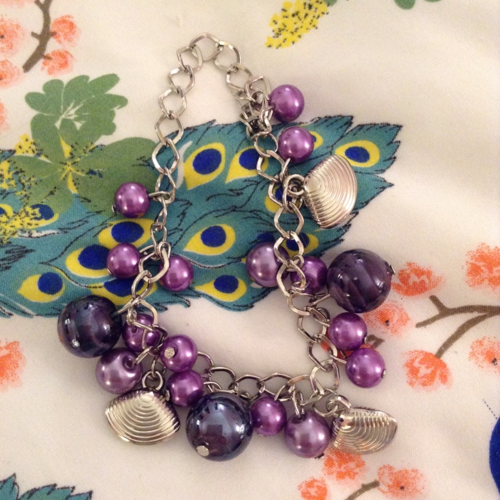 Bracelet Earrings Set Purple Shell Pearls - Picture 2 of 3